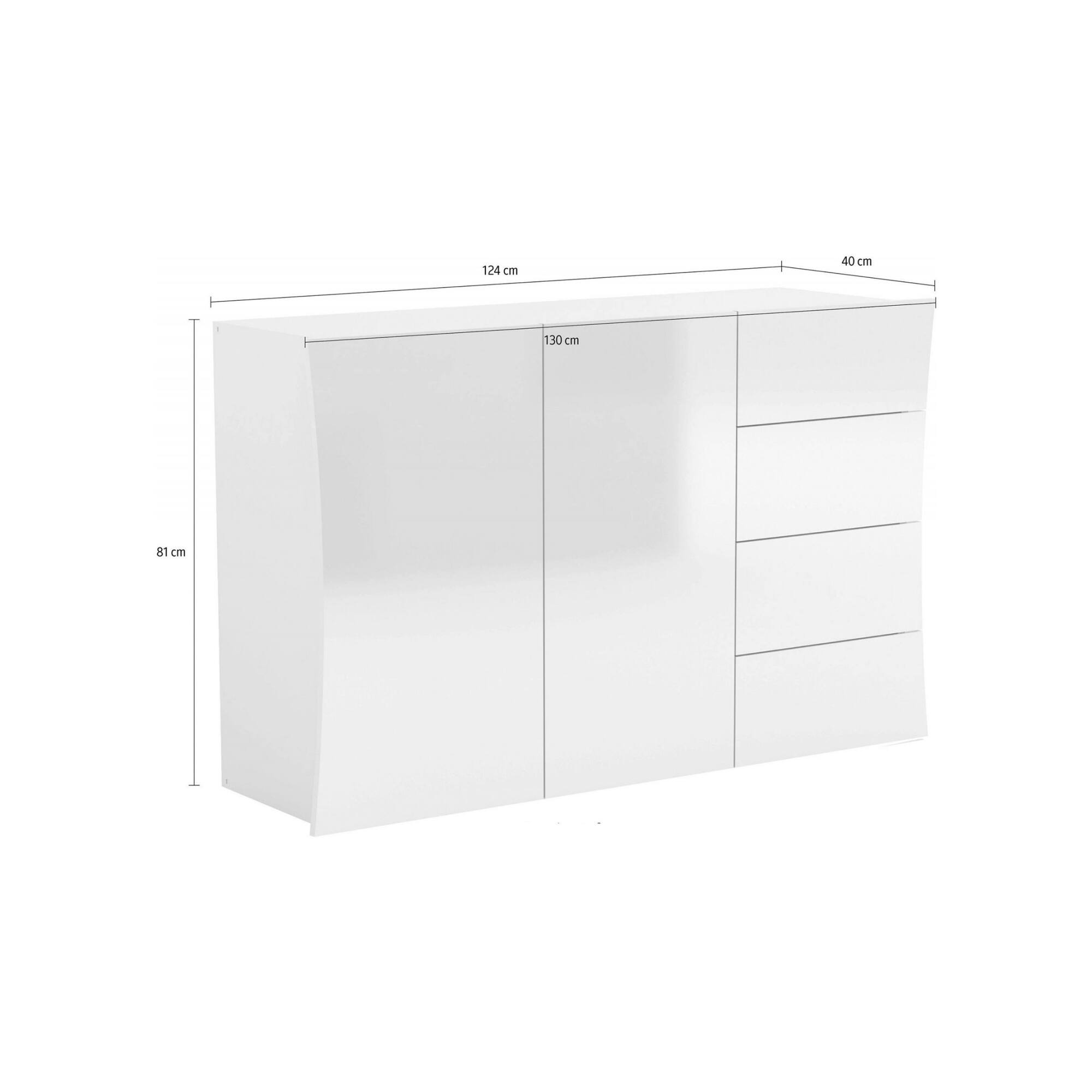 Credenza moderna, Madia di design a 2 ante e 4 cassetti, Made in Italy, Mobile Porta TV, Buffet da soggiorno, cm 124x40h82, colore Bianco lucido