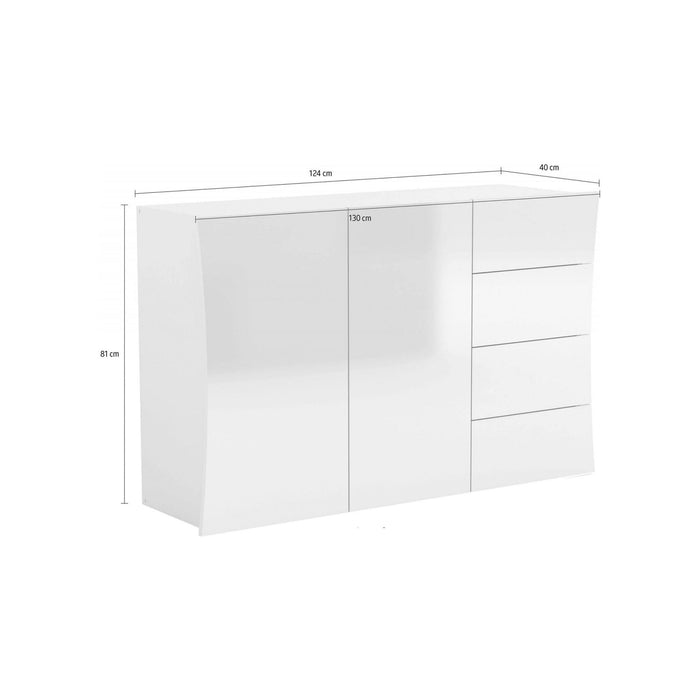 Credenza moderna, Madia di design a 2 ante e 4 cassetti, Made in Italy, Mobile Porta TV, Buffet da soggiorno, cm 124x40h82, colore Bianco lucido