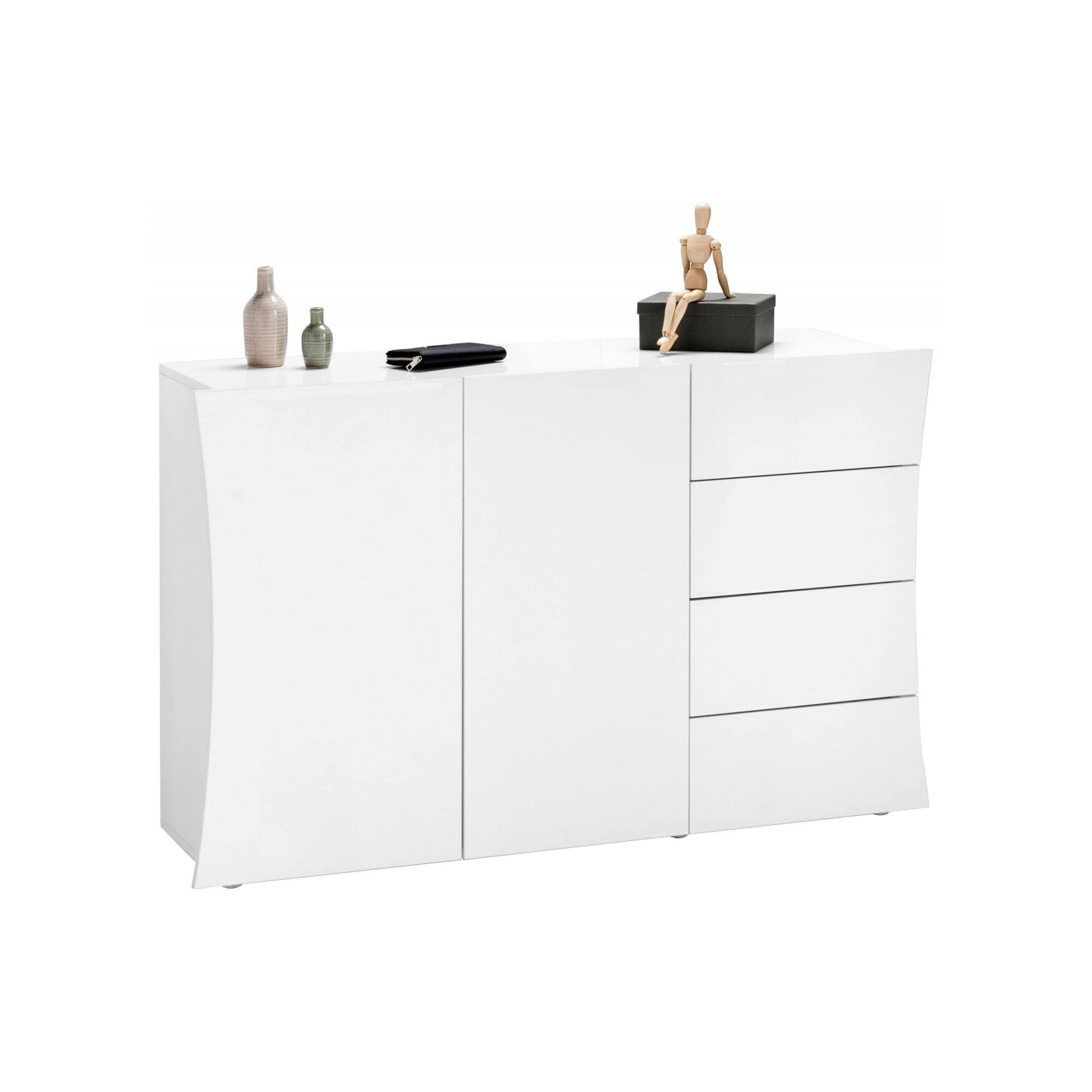 Credenza moderna, Madia di design a 2 ante e 4 cassetti, Made in Italy, Mobile Porta TV, Buffet da soggiorno, cm 124x40h82, colore Bianco lucido