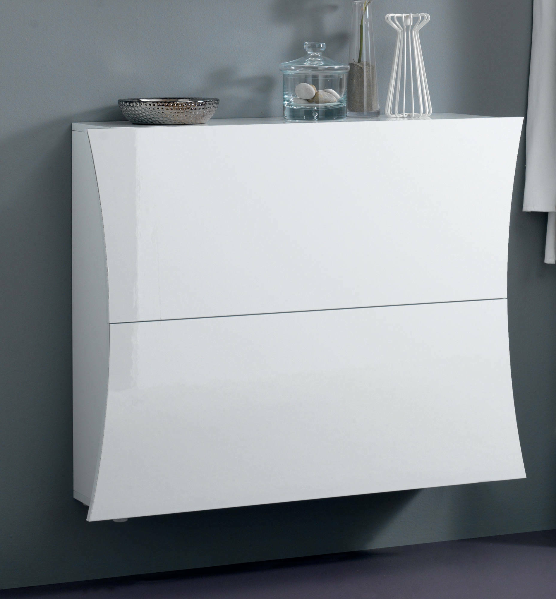 Scarpiera moderna, Made in Italy, a 2 ante, Portascarpe da ingresso, cm 101x27h82, colore Bianco lucido