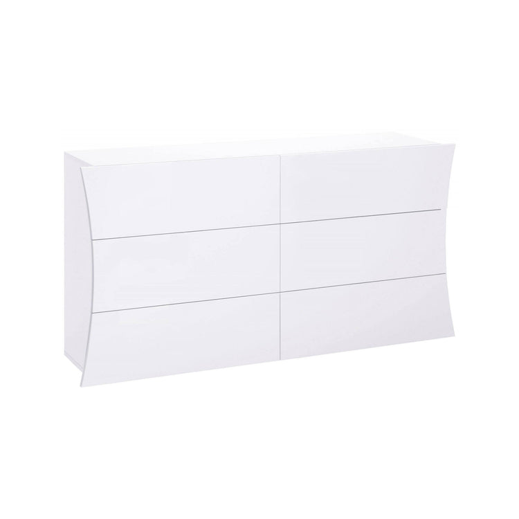 Comò geometrico moderno, Made in Italy, Mobiletto per Soggiorno e Camera, Credenza 6 cassetti, cm 155x40h82, colore Bianco lucido