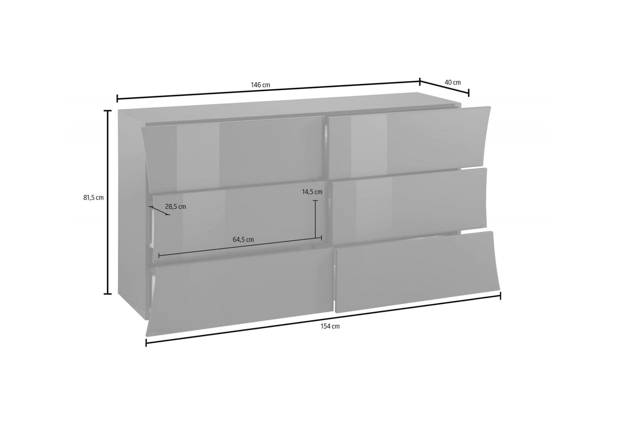 Comò geometrico moderno, Made in Italy, Mobiletto per Soggiorno e Camera, Credenza 6 cassetti, cm 155x40h82, colore Bianco lucido