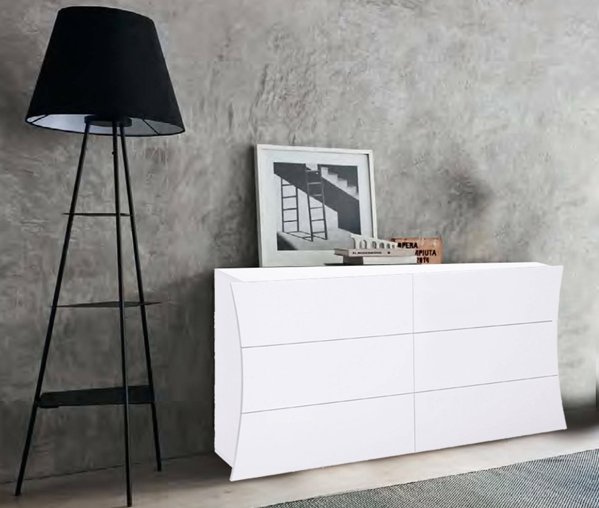 Comò geometrico moderno, Made in Italy, Mobiletto per Soggiorno e Camera, Credenza 6 cassetti, cm 155x40h82, colore Bianco lucido