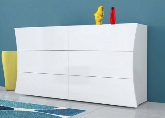 Comò geometrico moderno, Made in Italy, Mobiletto per Soggiorno e Camera, Credenza 6 cassetti, cm 155x40h82, colore Bianco lucido