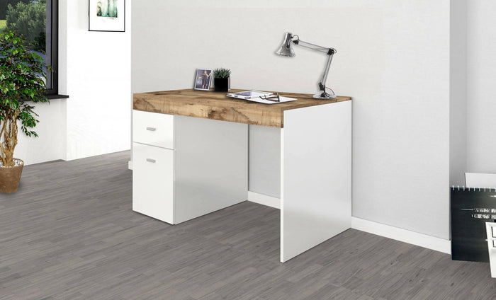 Scrivania per ufficio con cassettiera e piano contenitore, Made in Italy, Scrittoio porta PC, cm 100x60h75, Bianco lucido e Acero