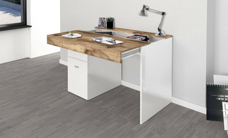 Scrivania per ufficio con cassettiera e piano contenitore, Made in Italy, Scrittoio porta PC, cm 100x60h75, Bianco lucido e Acero