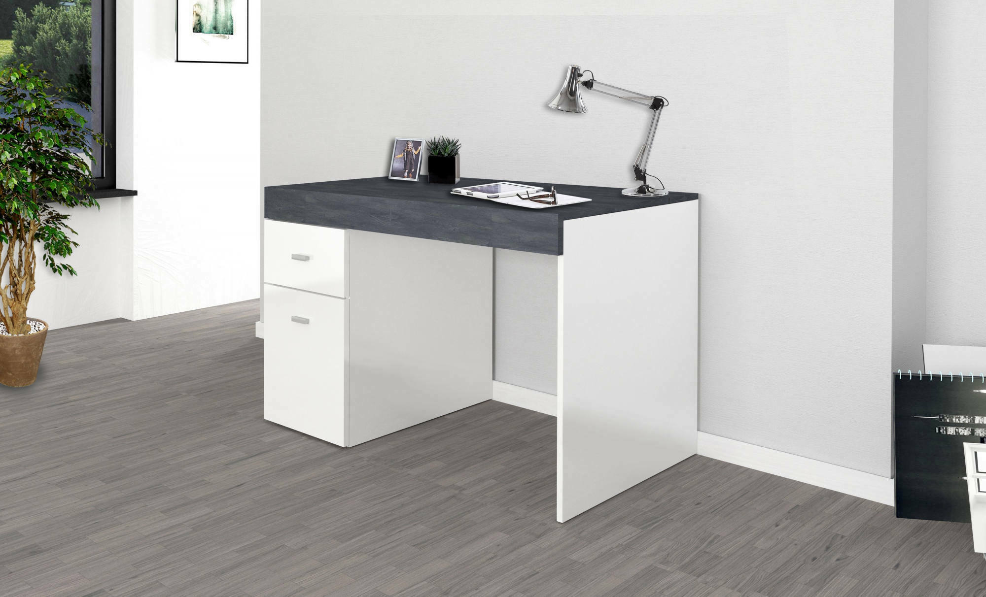 Scrivania per ufficio con cassettiera e piano contenitore, Made in Italy, Scrittoio porta PC, cm 100x60h75, Bianco lucido e Grigio Cenere