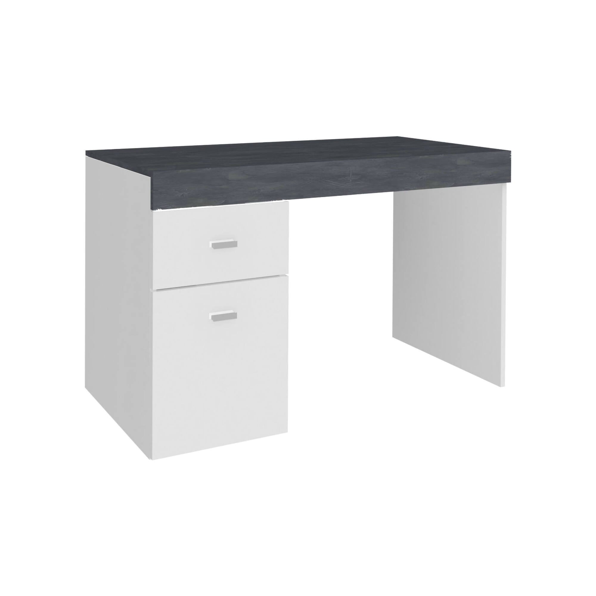 Scrivania per ufficio con cassettiera e piano contenitore, Made in Italy, Scrittoio porta PC, cm 100x60h75, Bianco lucido e Grigio Cenere