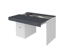 Scrivania per ufficio con cassettiera e piano contenitore, Made in Italy, Scrittoio porta PC, cm 100x60h75, Bianco lucido e Grigio Cenere