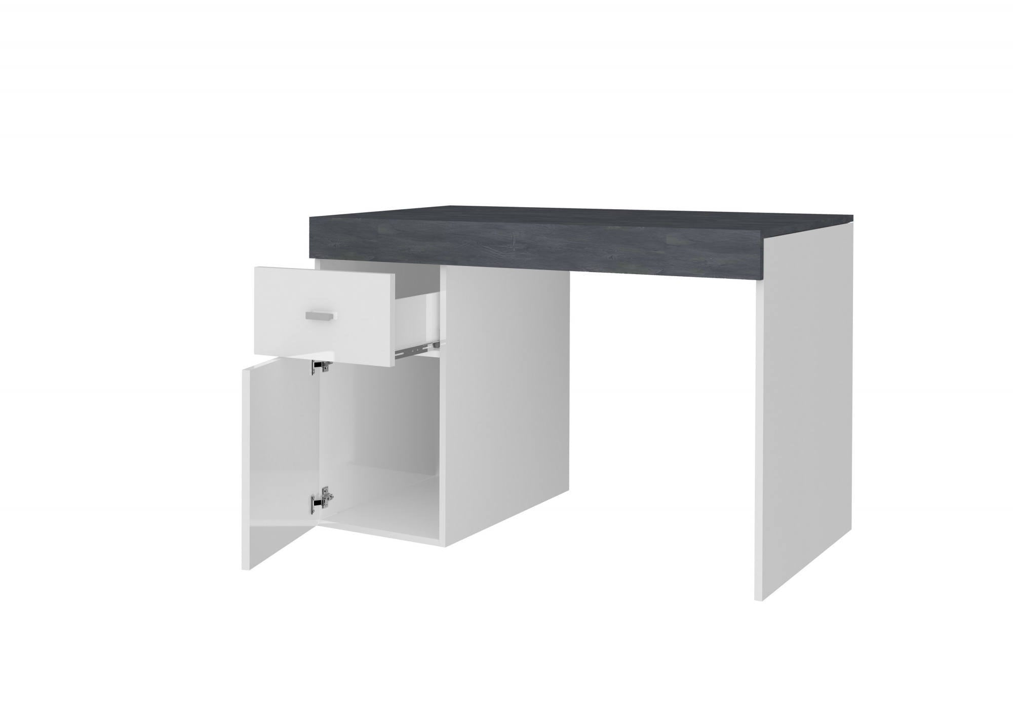 Scrivania per ufficio con cassettiera e piano contenitore, Made in Italy, Scrittoio porta PC, cm 100x60h75, Bianco lucido e Grigio Cenere