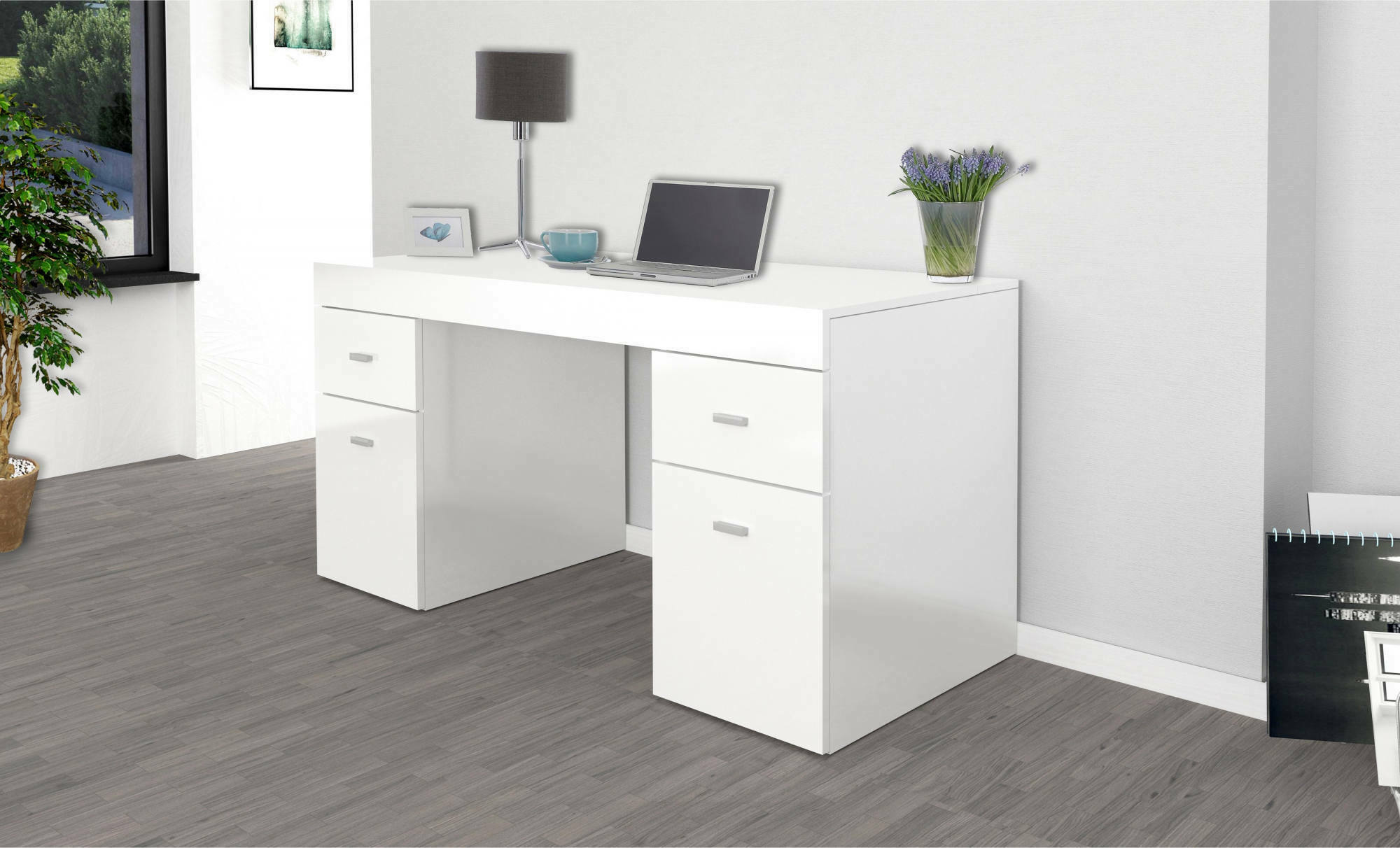 Scrivania per ufficio con cassettiera e piano contenitore, Made in Italy, Tavolo scrittoio porta PC, cm 130x60h75, Bianco lucido