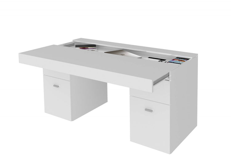 Scrivania per ufficio con cassettiera e piano contenitore, Made in Italy, Tavolo scrittoio porta PC, cm 130x60h75, Bianco lucido