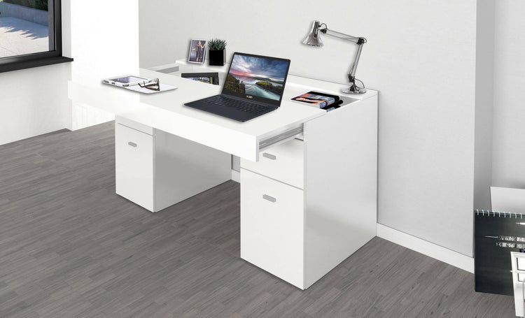 Scrivania per ufficio con cassettiera e piano contenitore, Made in Italy, Tavolo scrittoio porta PC, cm 130x60h75, Bianco lucido