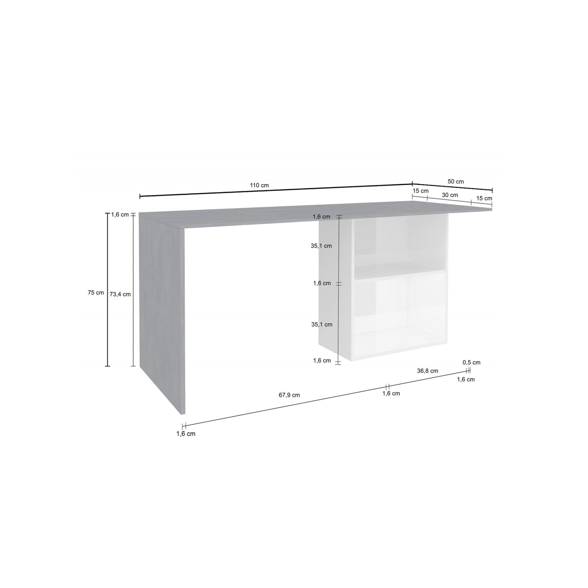 Scrivania lineare per ufficio e studio con scaffale, Made in Italy, Tavolo minimal, Scrittoio porta PC, cm 110x50h75, Bianco lucido e Grigio Cenere