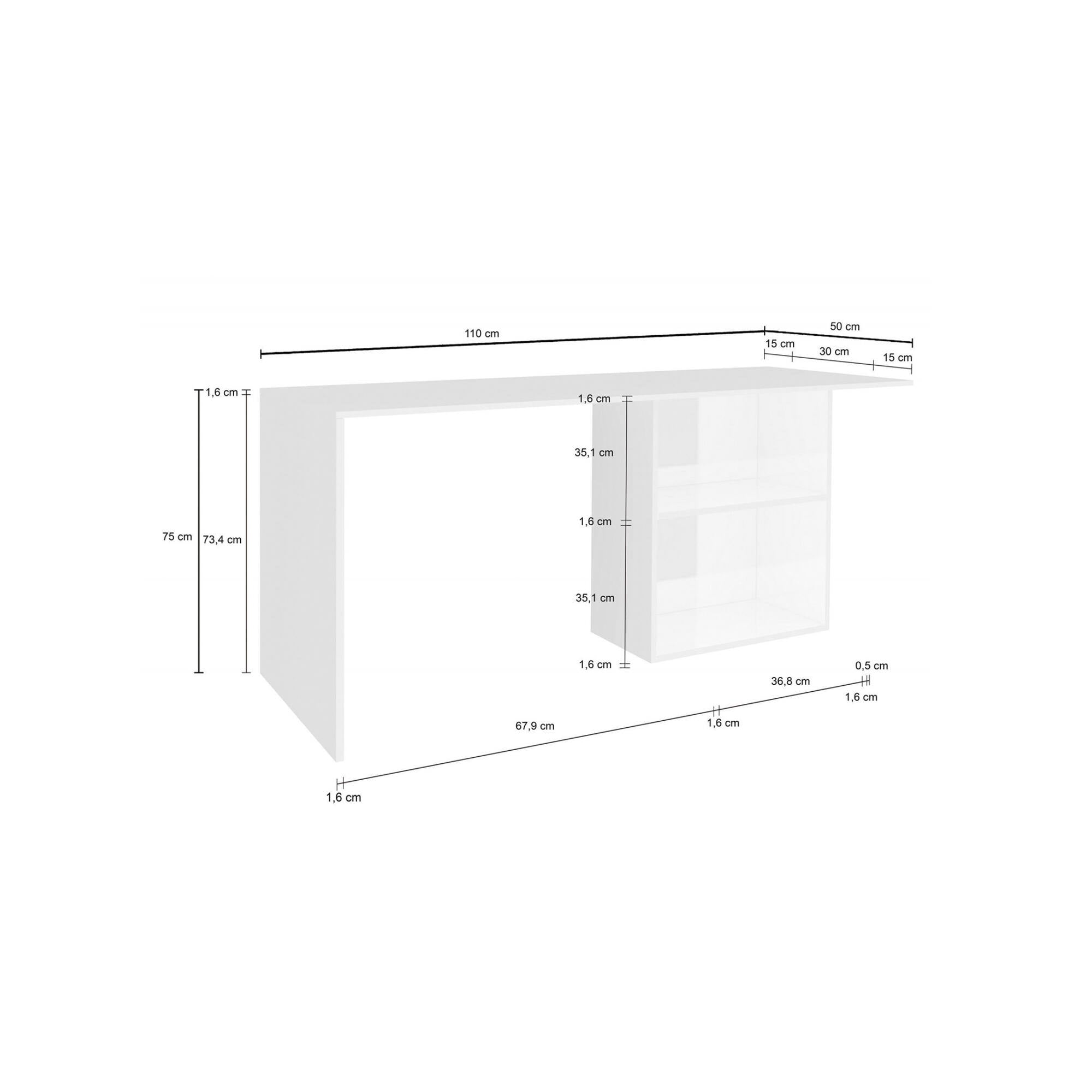 Scrivania lineare per ufficio e studio con scaffale, Made in Italy, Tavolo minimal, Scrittoio porta PC, cm 110x50h75, Bianco lucido