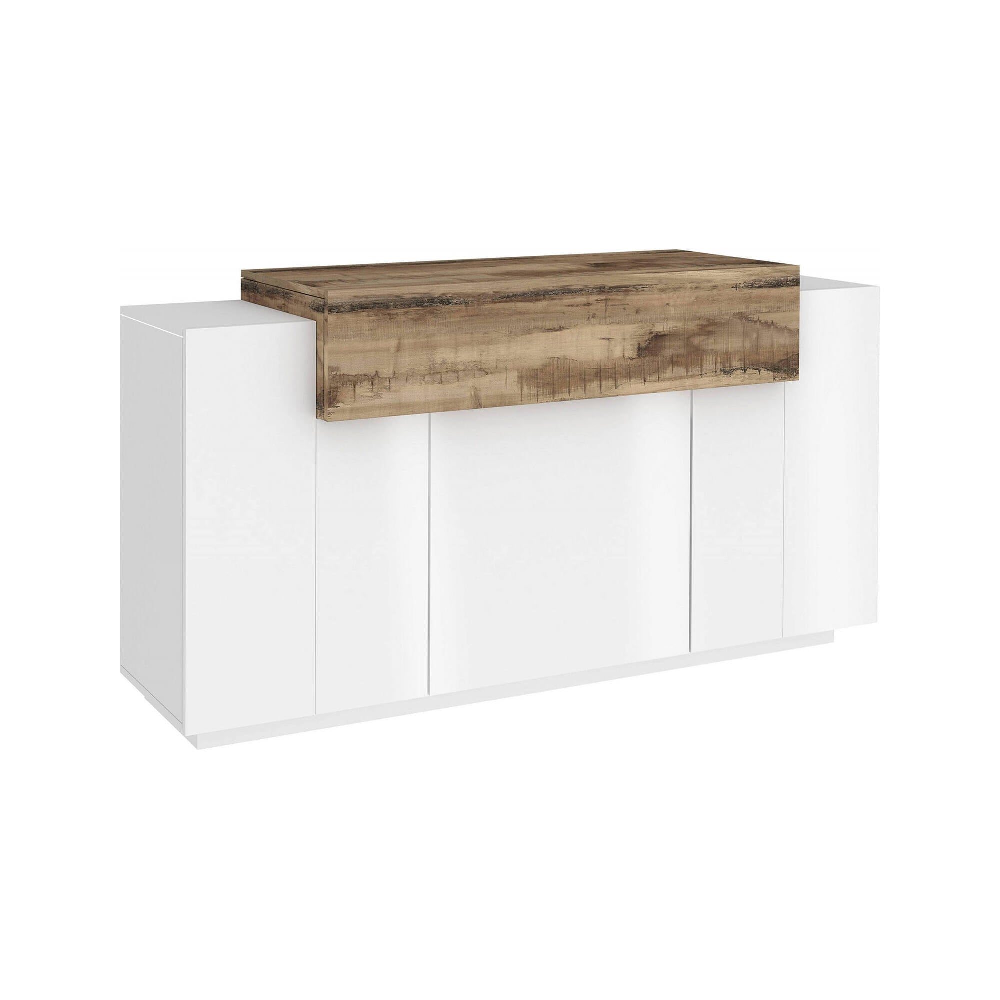 Credenza moderna, Madia di design a 4 ante, Made in Italy, Mobile Porta TV, Buffet da soggiorno, cm 140x45h86, Bianco lucido e Acero