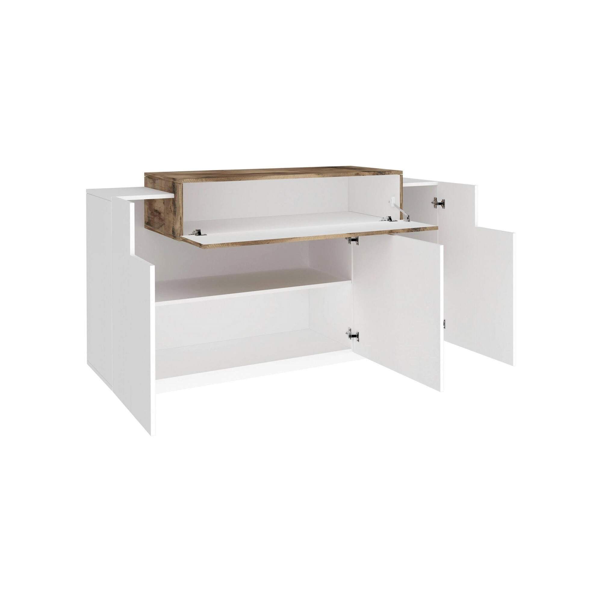 Credenza moderna, Madia di design a 4 ante, Made in Italy, Mobile Porta TV, Buffet da soggiorno, cm 140x45h86, Bianco lucido e Acero