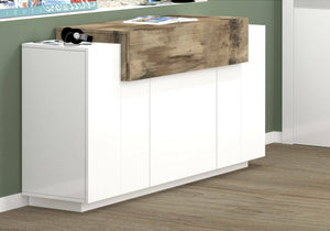 Credenza moderna, Madia di design a 4 ante, Made in Italy, Mobile Porta TV, Buffet da soggiorno, cm 140x45h86, Bianco lucido e Acero