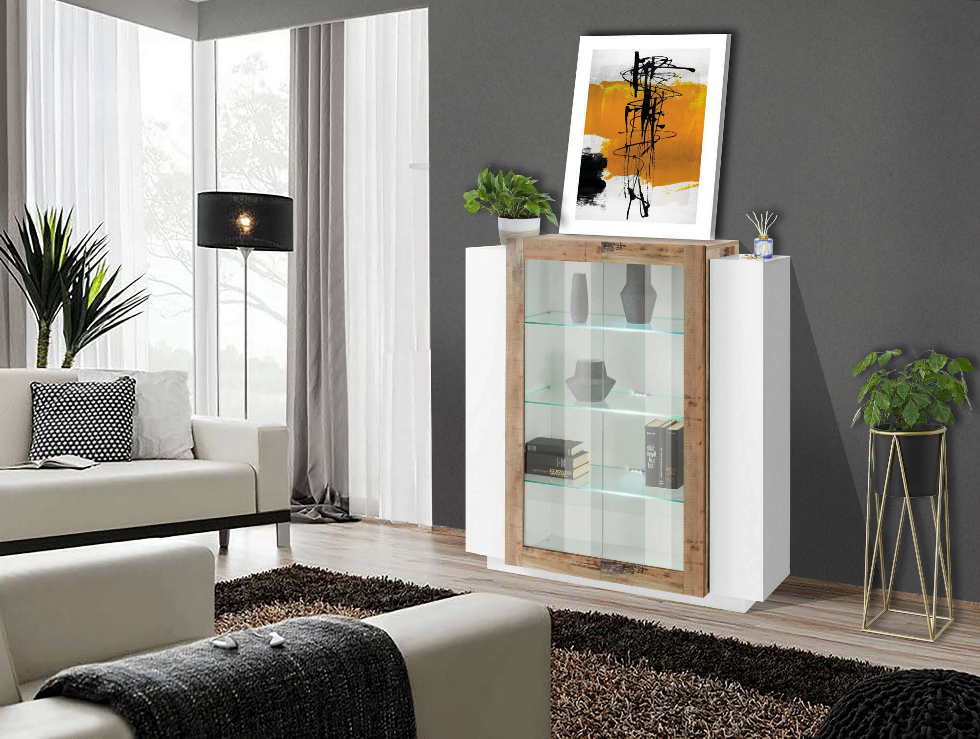 Vetrina moderna con anta a vetro, Made in Italy, Credenza con luce LED bianca, Vetrinetta da soggiorno, cm 120x45h115, Bianco lucido e Acero