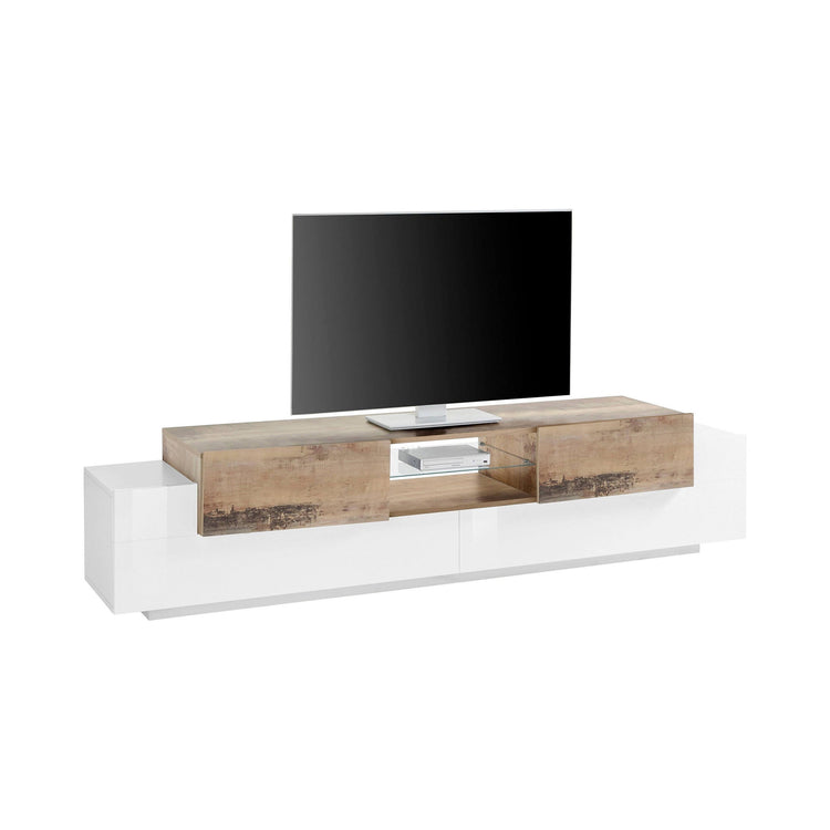 Mobile da soggiorno Porta TV, Made in Italy, Credenza per TV da salotto a 4 ante e ripiani, cm 220x45h51, Bianco lucido e Acero