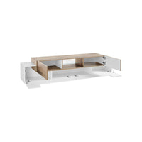 Mobile da soggiorno Porta TV, Made in Italy, Credenza per TV da salotto a 4 ante e ripiani, cm 220x45h51, Bianco lucido e Acero