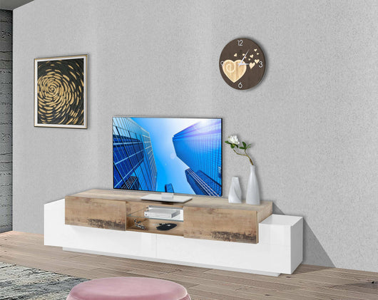 Mobile da soggiorno Porta TV, Made in Italy, Credenza per TV da salotto a 4 ante e ripiani, cm 220x45h51, Bianco lucido e Acero