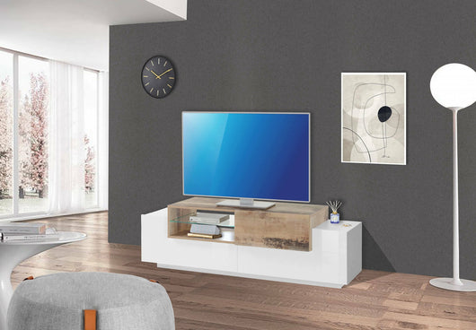 Mobile da soggiorno Porta TV, Made in Italy, Credenza per TV da salotto a 3 ante, cm 160x45h51, Bianco lucido e Acero