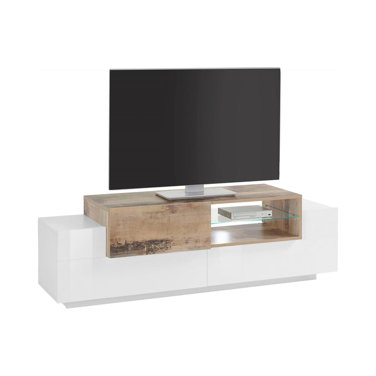 Mobile da soggiorno Porta TV, Made in Italy, Credenza per TV da salotto a 3 ante, cm 160x45h51, Bianco lucido e Acero