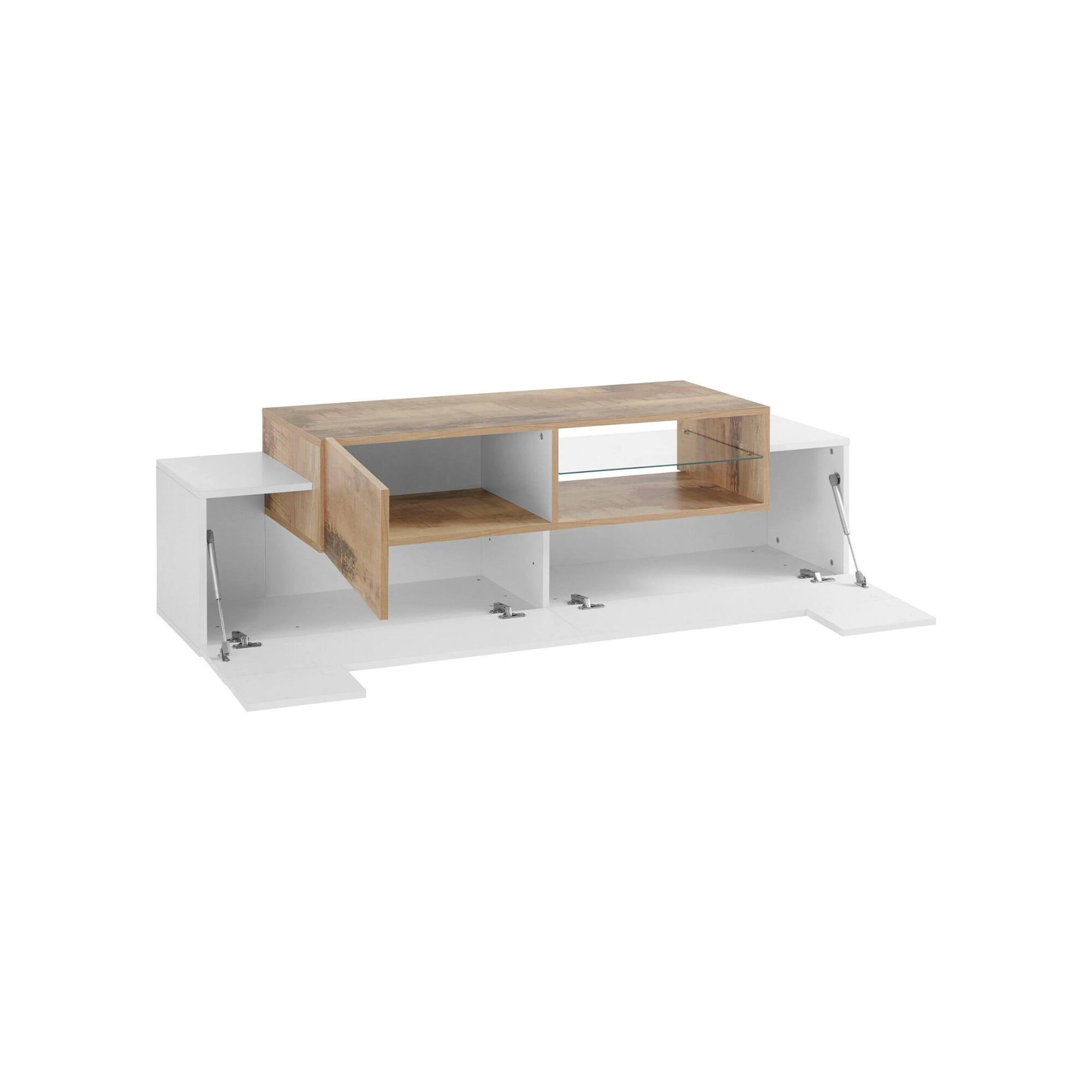 Mobile da soggiorno Porta TV, Made in Italy, Credenza per TV da salotto a 3 ante, cm 160x45h51, Bianco lucido e Acero