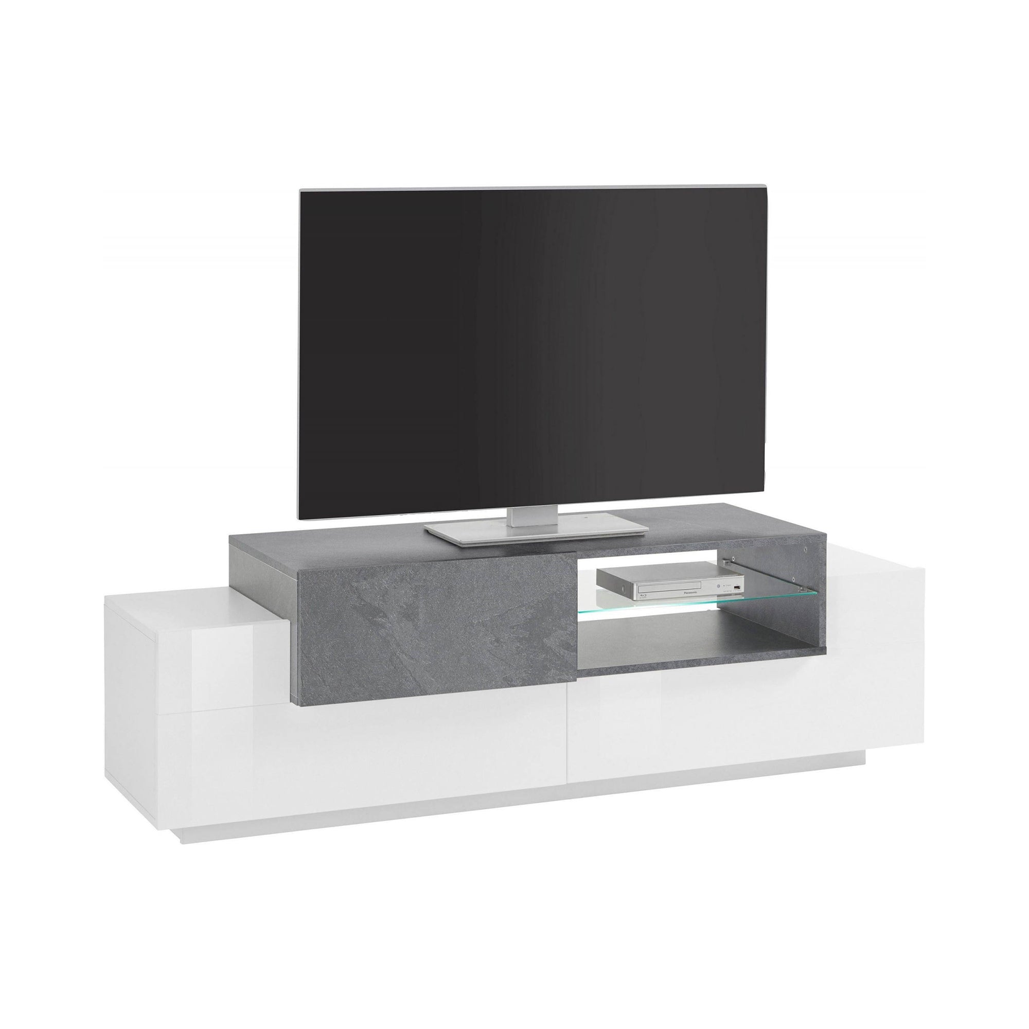 Mobile da soggiorno Porta TV, Made in Italy, Credenza per TV da salotto a 3 ante, cm 160x45h51, Bianco lucido e Grigio Cemento