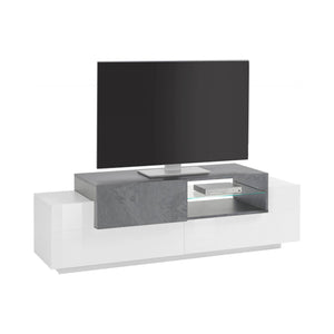 Mobile da soggiorno Porta TV, Made in Italy, Credenza per TV da salotto a 3 ante, cm 160x45h51, Bianco lucido e Grigio Cemento