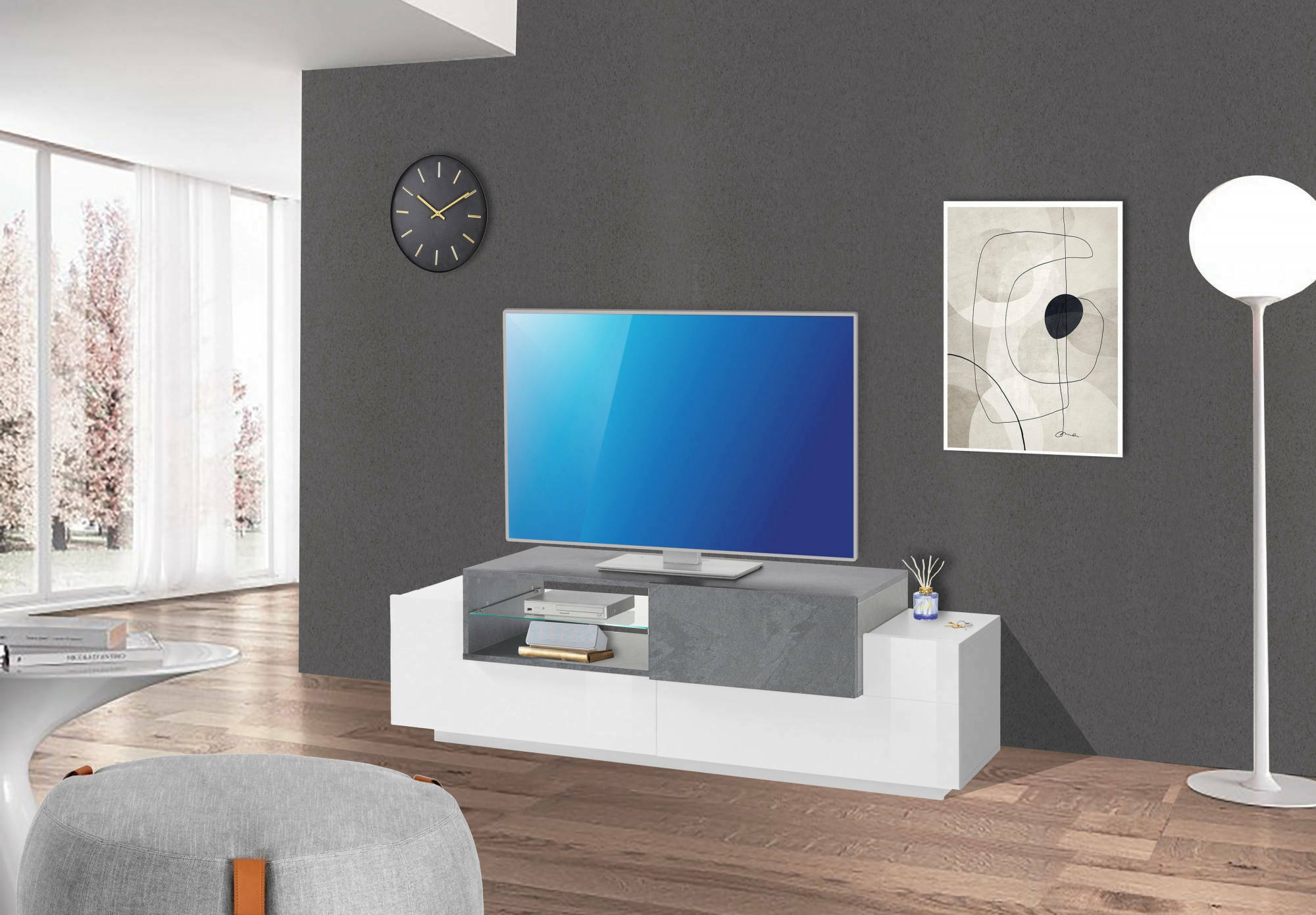 Mobile da soggiorno Porta TV, Made in Italy, Credenza per TV da salotto a 3 ante, cm 160x45h51, Bianco lucido e Grigio Cemento