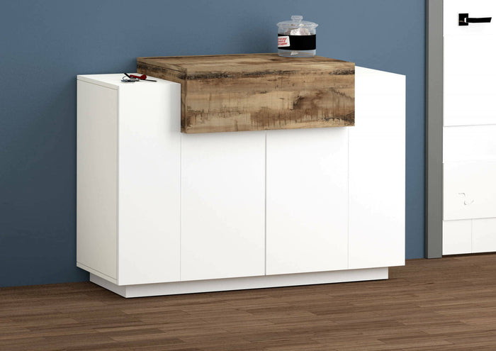 Scarpiera moderna, Made in Italy, a 2 ante e 1 anta a ribalta, Portascarpe da ingresso, Mobile multiuso, cm 120x45h86, Bianco lucido e Acero