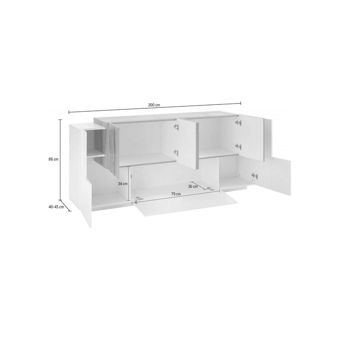 Credenza moderna a 7 ante, Made in Italy, Madia da cucina, Buffet di design da soggiorno, cm 200x45h86, Bianco lucido e Acero