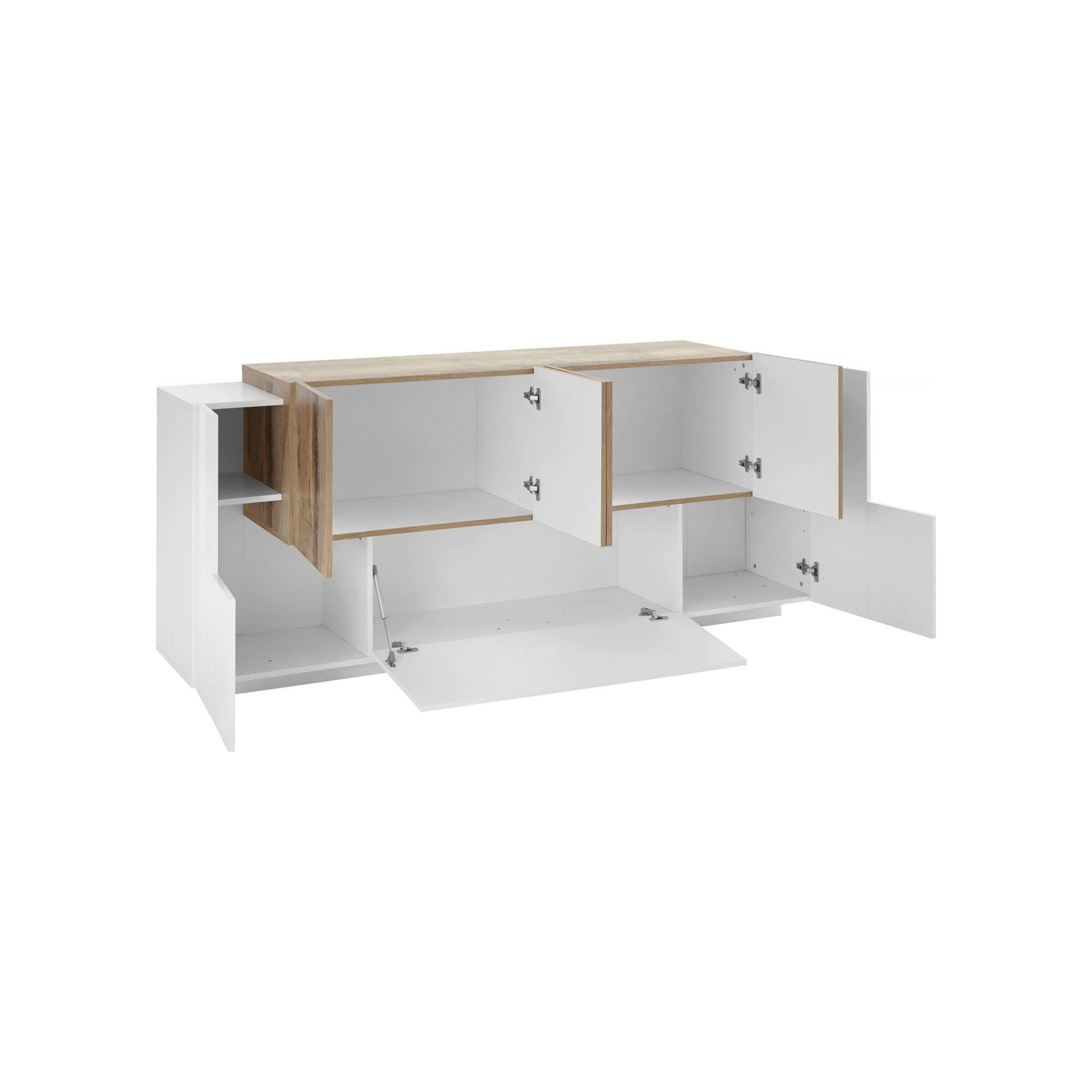 Credenza moderna a 7 ante, Made in Italy, Madia da cucina, Buffet di design da soggiorno, cm 200x45h86, Bianco lucido e Acero