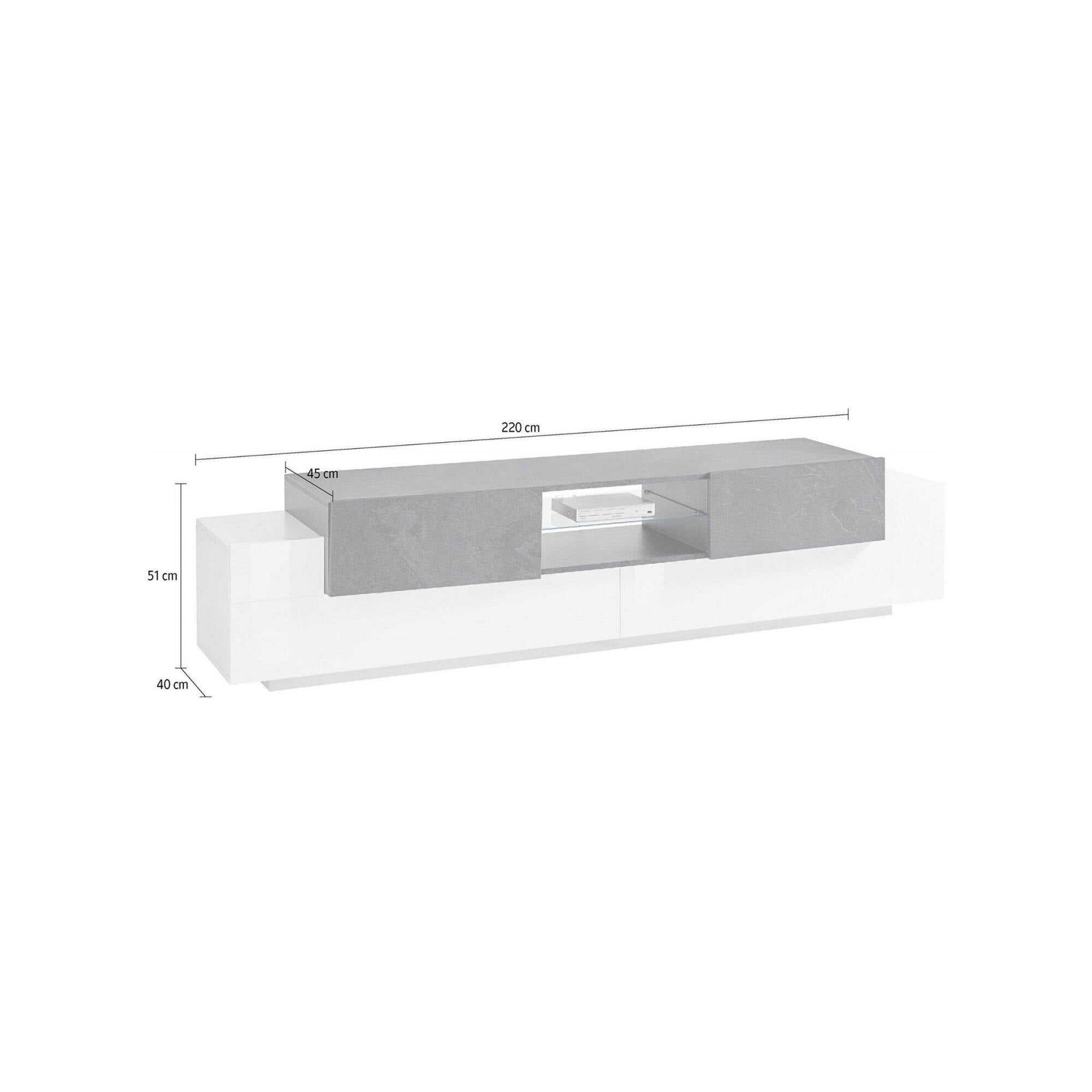 Mobile da soggiorno Porta TV, Made in Italy, Credenza per TV da salotto a 4 ante e ripiani, cm 220x45h51, Bianco lucido e Grigio Ardesia