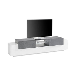 Mobile da soggiorno Porta TV, Made in Italy, Credenza per TV da salotto a 4 ante e ripiani, cm 220x45h51, Bianco lucido e Grigio Ardesia