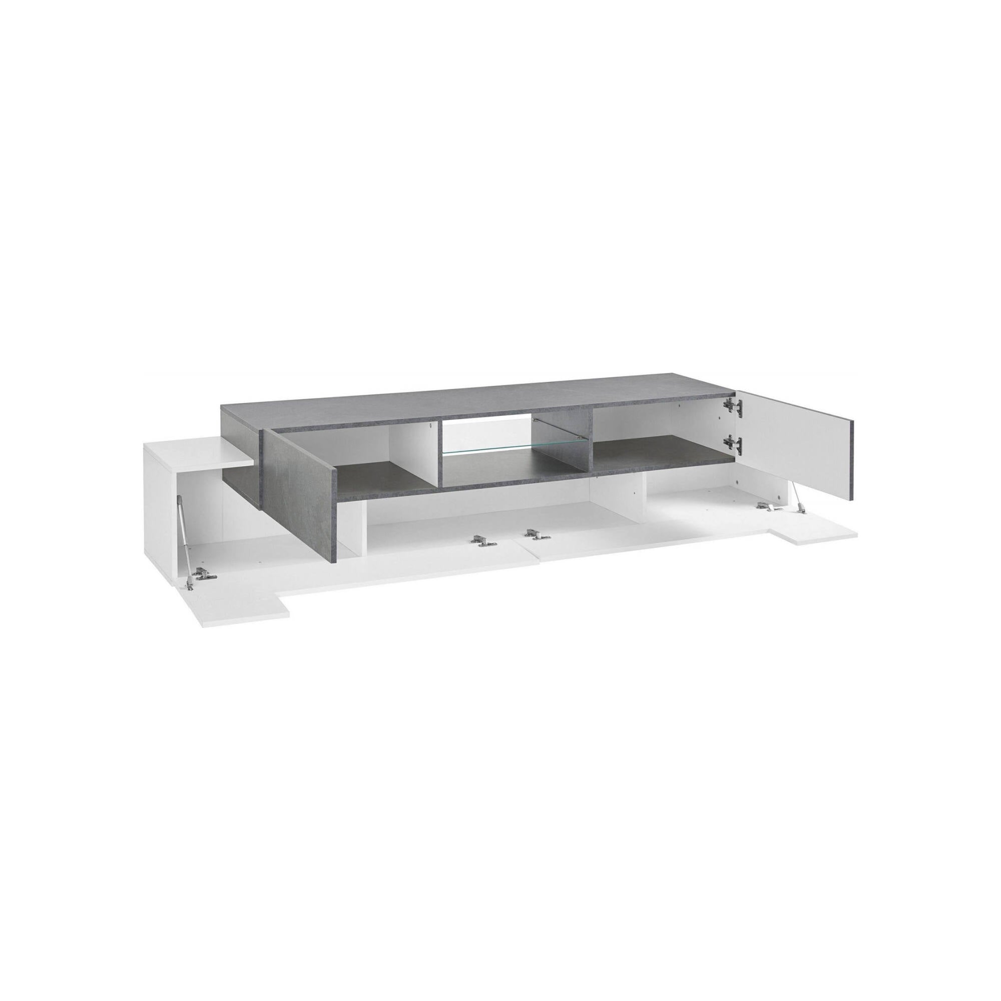 Mobile da soggiorno Porta TV, Made in Italy, Credenza per TV da salotto a 4 ante e ripiani, cm 220x45h51, Bianco lucido e Grigio Ardesia