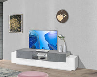 Mobile da soggiorno Porta TV, Made in Italy, Credenza per TV da salotto a 4 ante e ripiani, cm 220x45h51, Bianco lucido e Grigio Ardesia