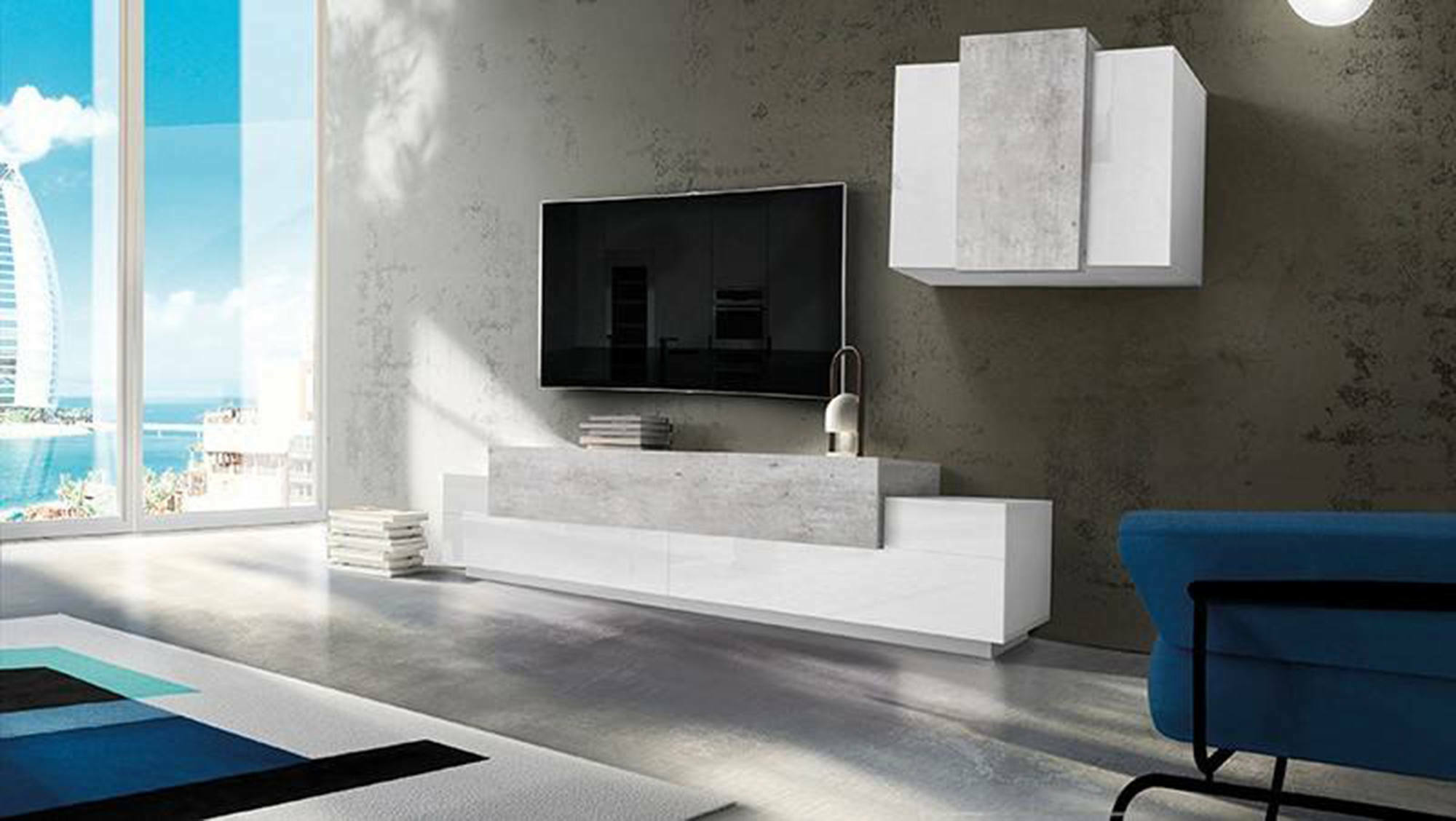 Parete attrezzata da soggiorno modulare, Made in Italy, Mobile porta TV e pensile , Set salotto moderno, cm 280x45h180, Bianco lucido e Cemento