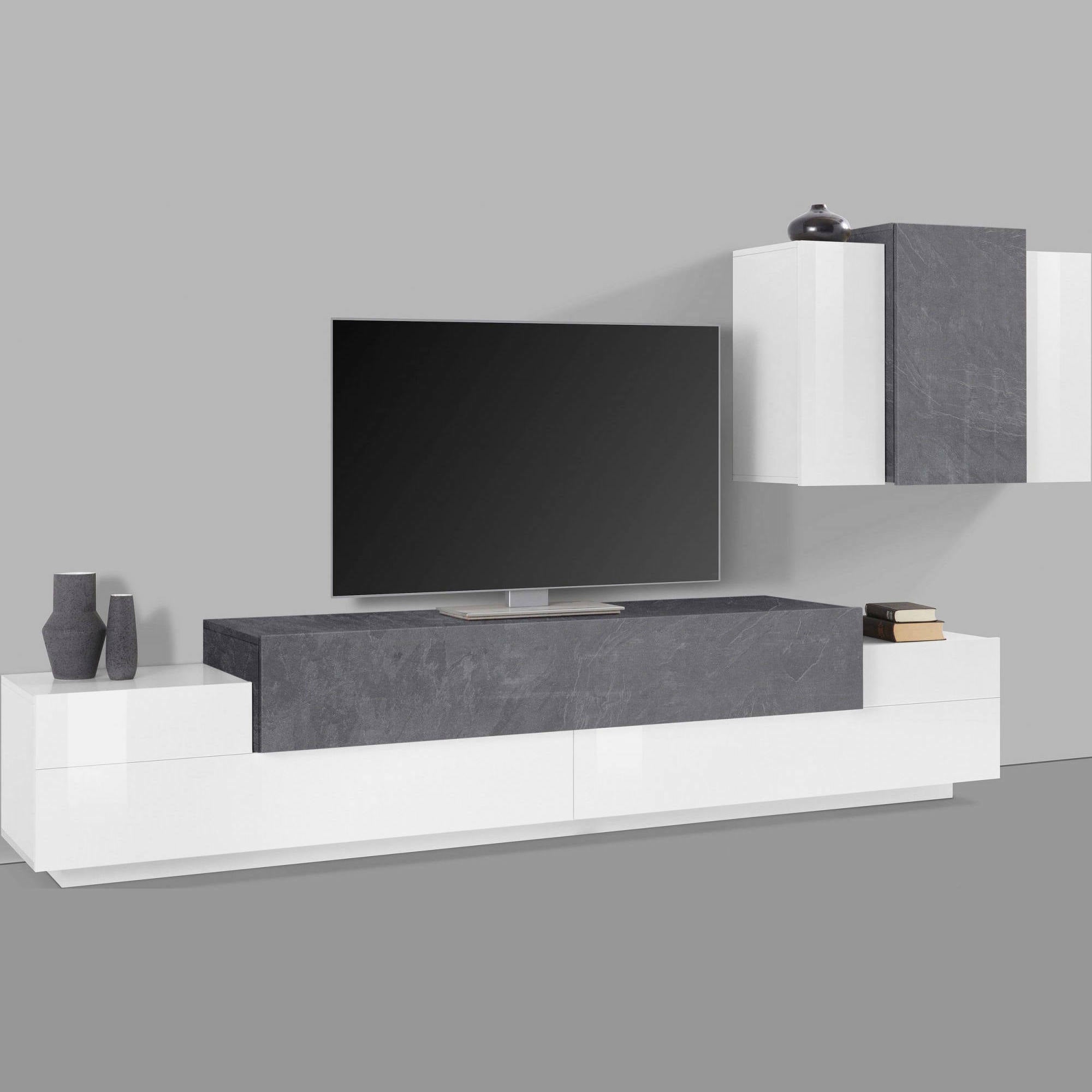 Parete attrezzata da soggiorno modulare, Made in Italy, Base porta TV e pensile sospeso, cm 280x45h180, colore Bianco lucido e Grigio Cenere