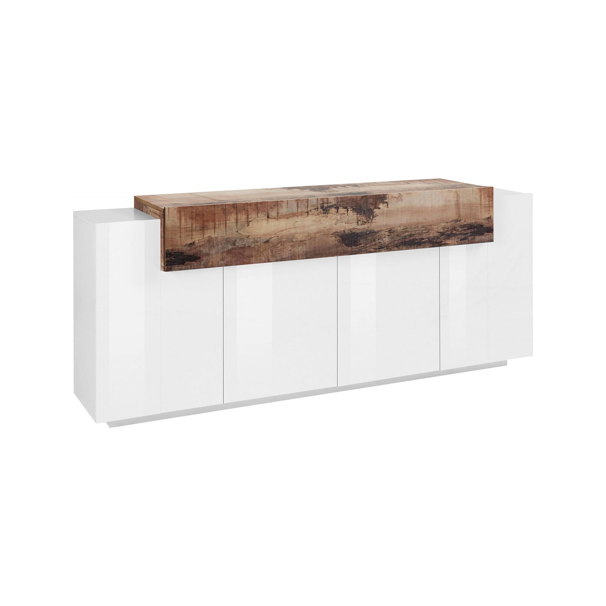 Credenza moderna a 5 ante, Made in Italy, Madia da cucina, Buffet di design da soggiorno, cm 200x45h86, colore Bianco lucido e Acero