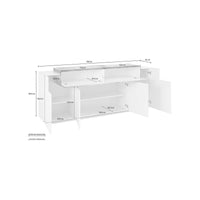 Credenza moderna a 5 ante, Made in Italy, Madia da cucina, Buffet di design da soggiorno, cm 200x45h86, colore Bianco lucido e Acero