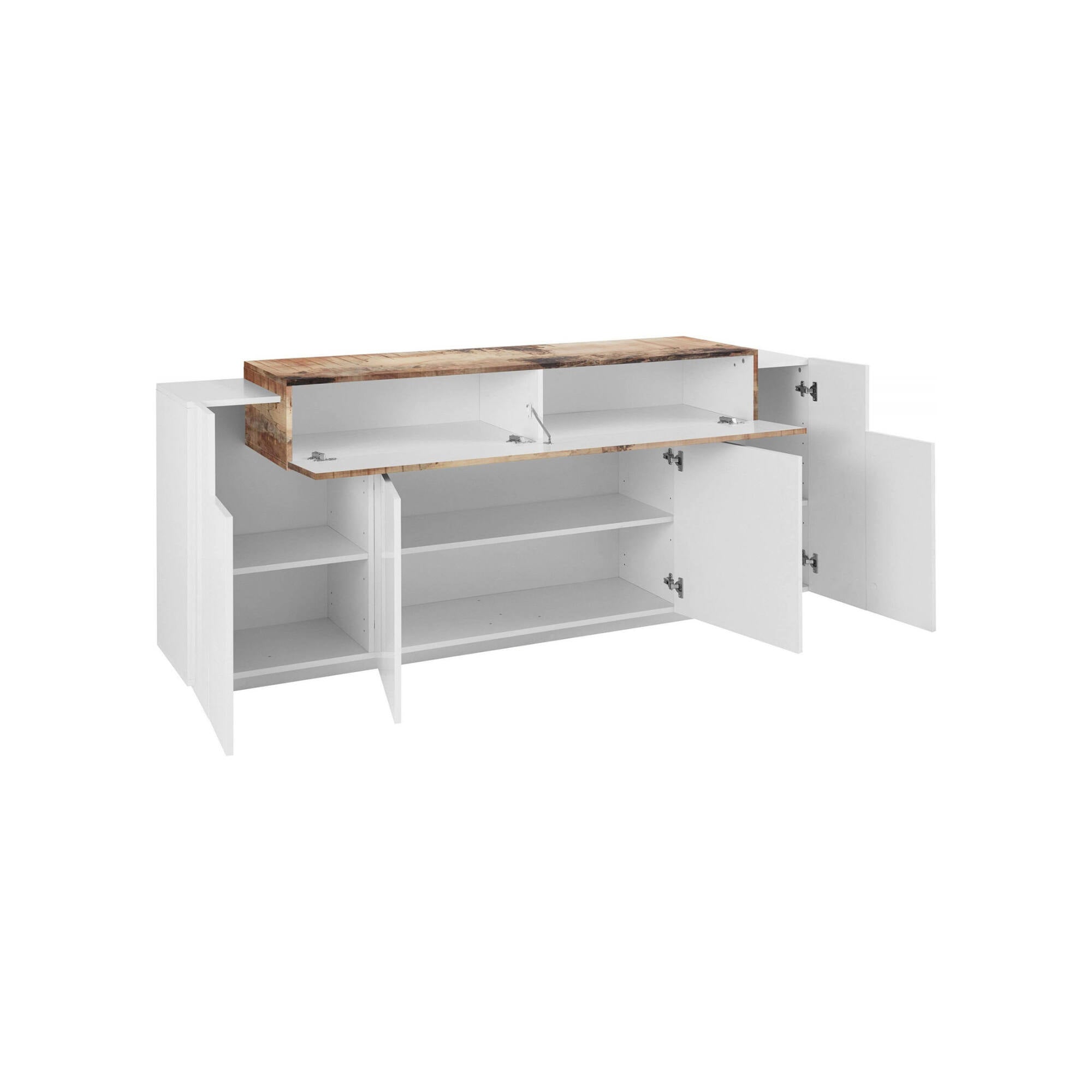 Credenza moderna a 5 ante, Made in Italy, Madia da cucina, Buffet di design da soggiorno, cm 200x45h86, colore Bianco lucido e Acero