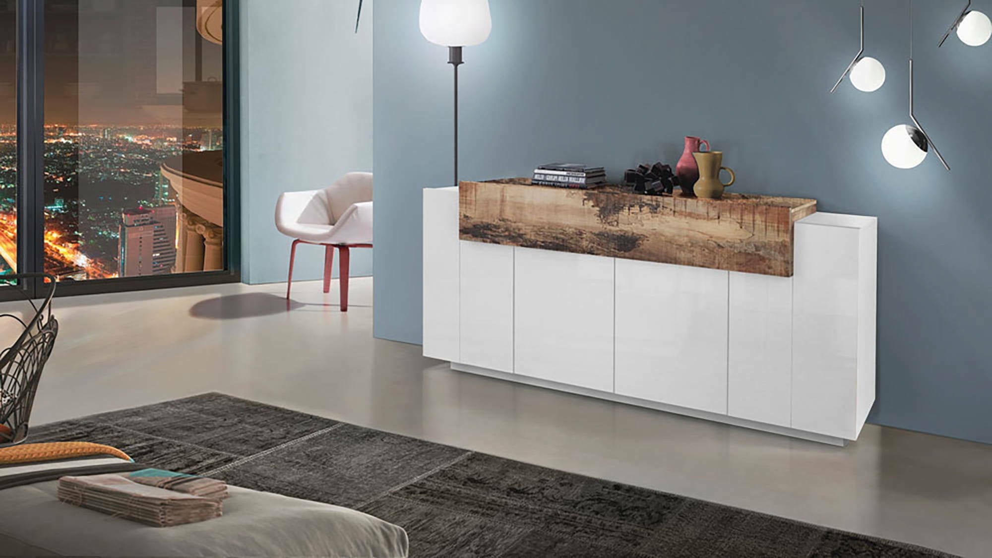 Credenza moderna a 5 ante, Made in Italy, Madia da cucina, Buffet di design da soggiorno, cm 200x45h86, colore Bianco lucido e Acero