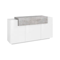 Credenza moderna a 4 ante con ribalta, Made in Italy, Madia da cucina, Buffet di design da soggiorno, cm 160x45h86, Bianco lucido e Cemento