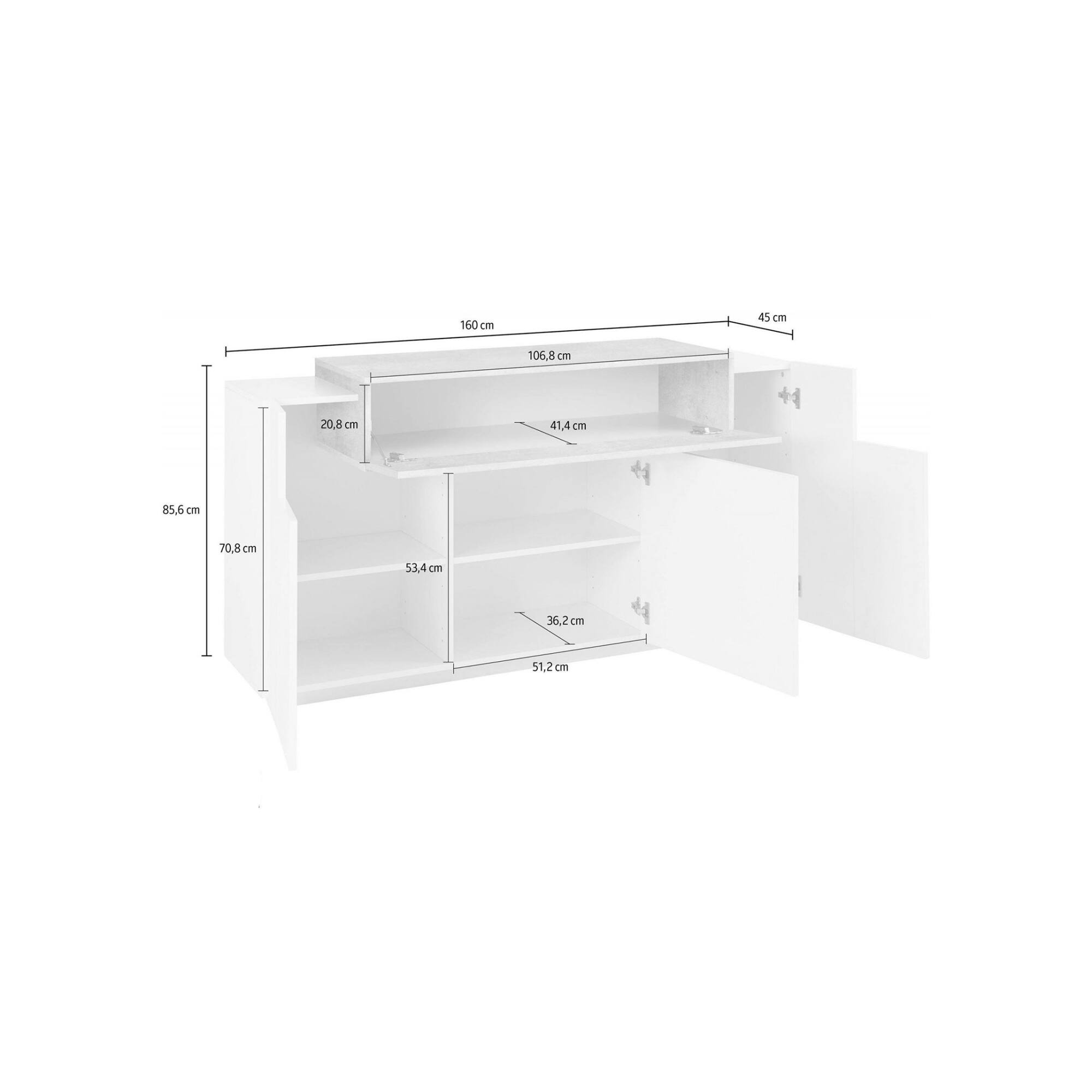 Credenza moderna a 4 ante con ribalta, Made in Italy, Madia da cucina, Buffet di design da soggiorno, cm 160x45h86, Bianco lucido e Cemento