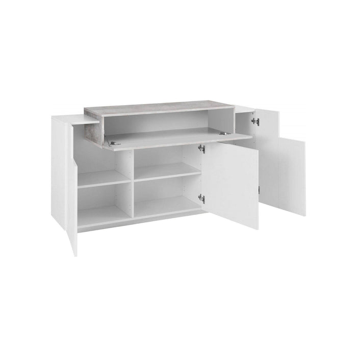 Credenza moderna a 4 ante con ribalta, Made in Italy, Madia da cucina, Buffet di design da soggiorno, cm 160x45h86, Bianco lucido e Cemento