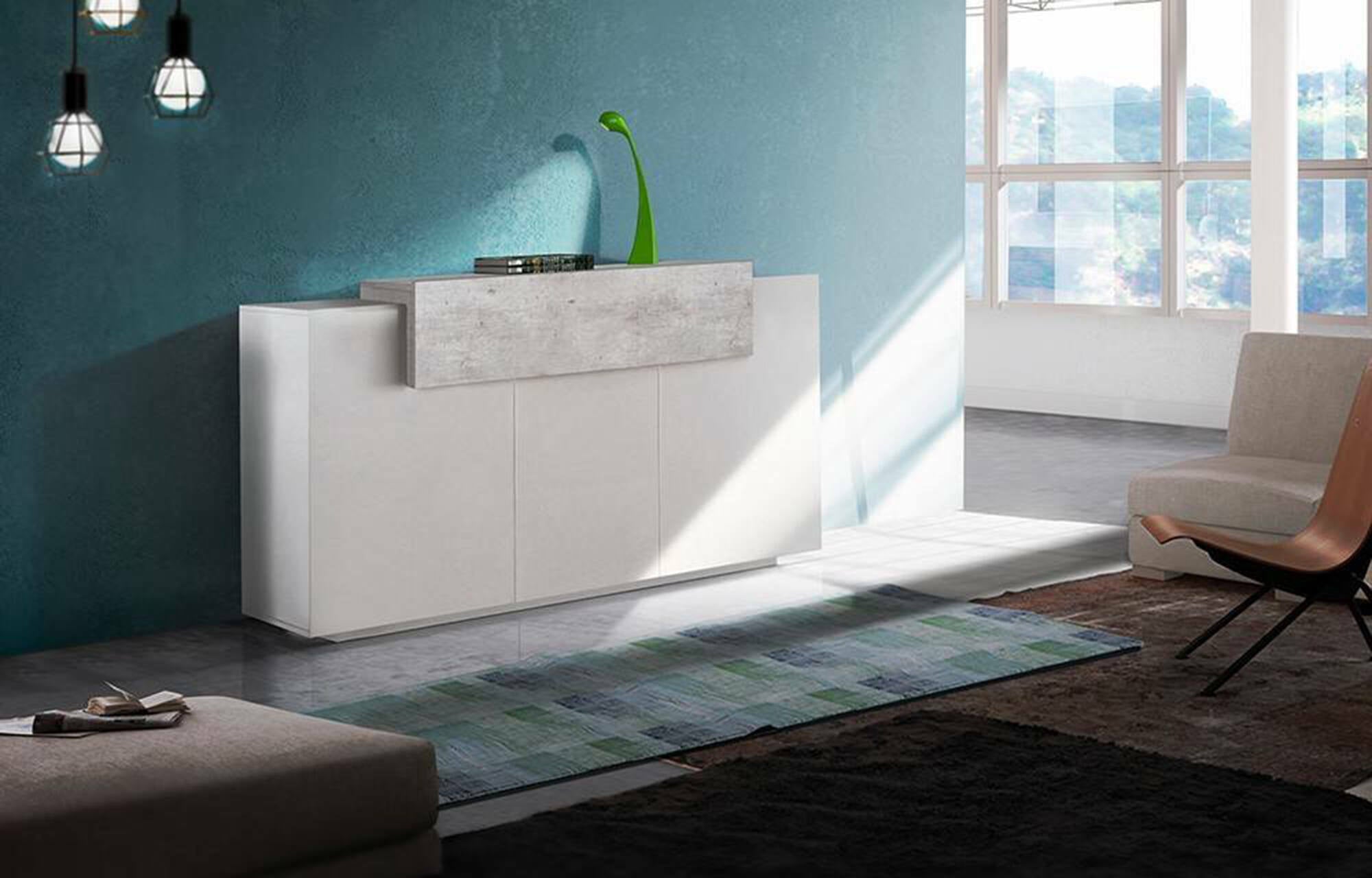 Credenza moderna a 4 ante con ribalta, Made in Italy, Madia da cucina, Buffet di design da soggiorno, cm 160x45h86, Bianco lucido e Cemento