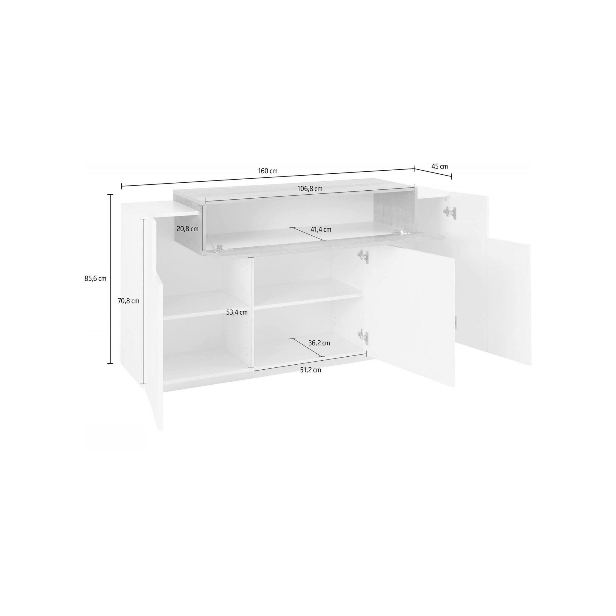 Credenza moderna a 4 ante con ribalta, Made in Italy, Madia da cucina, Buffet di design da soggiorno, cm 160x45h86, Bianco lucido e Acero